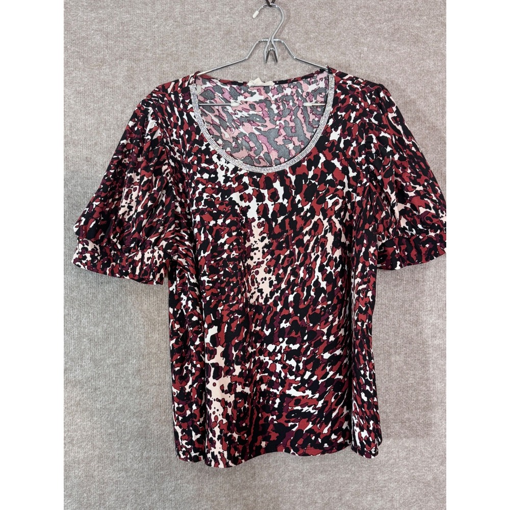 Como Blu Leopard Print Blouse 1X Rhinestone Neck Short Sleeve Animal Career